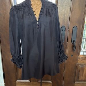 Ella Moss Black Silk Smocked Yoke Long Sleeve blouse